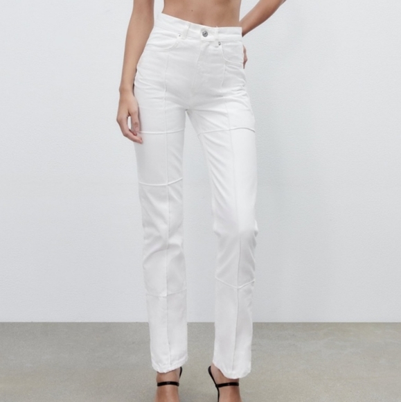 NWT Zara Patchwork Straight Leg White Jeans, Size 0 - Picture 2 of 10